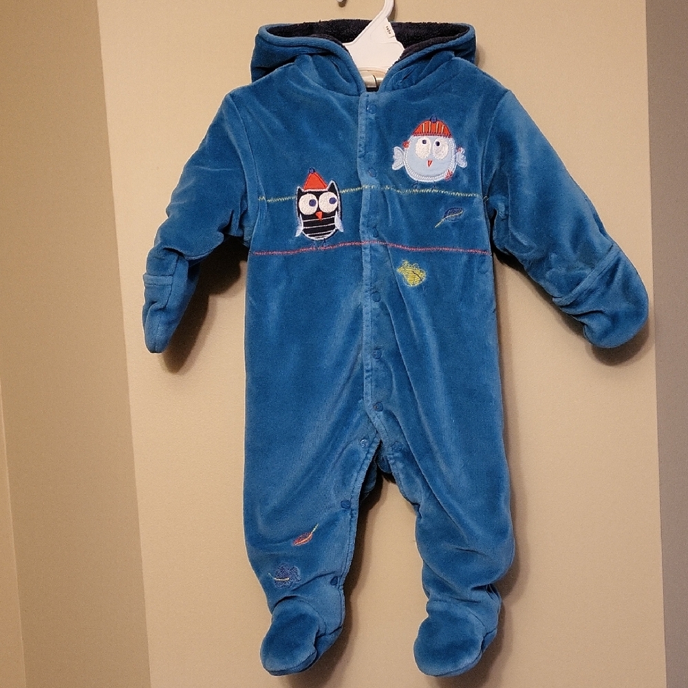 First Wish blue hooded embrodiered lined bunting suit
